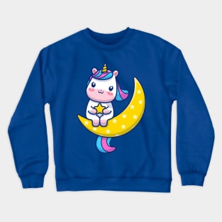 Cute Unicorn Sitting On Moon With Star Cartoon Crewneck Sweatshirt